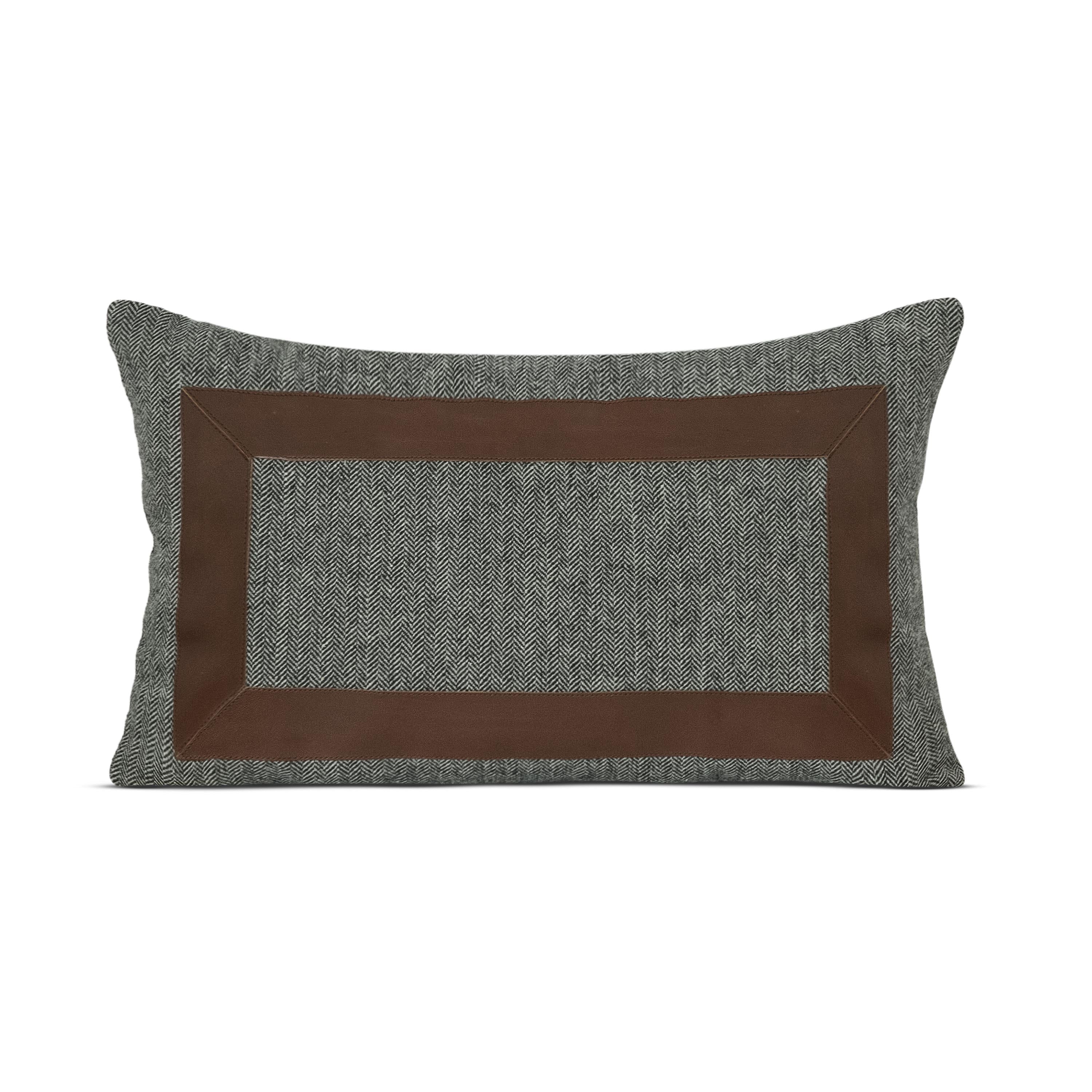 Grey Chevron Wool Throw Pillow Cover With Broad Leather Trim