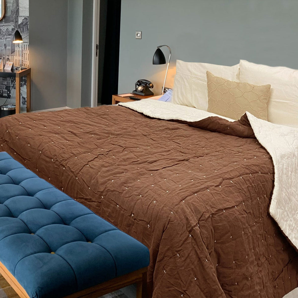 Handmade Brown Linen Quilt: European Flax & Hand-Stitched Detail