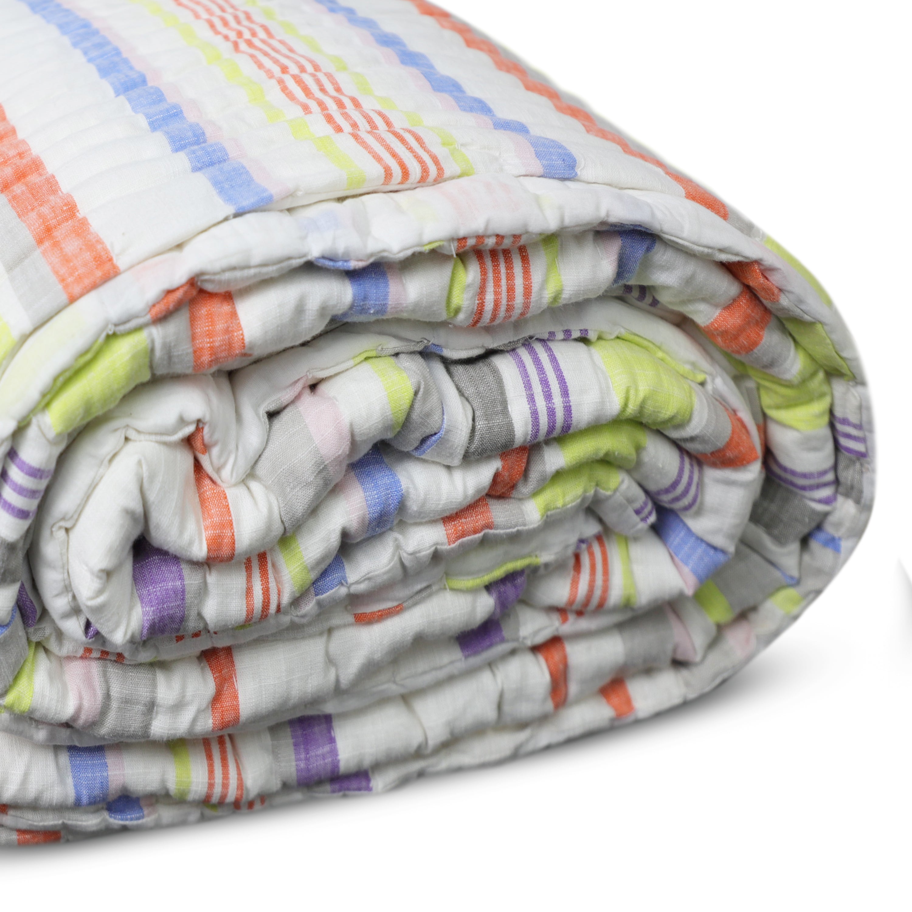 Handcrafted Striped Cotton Quilt, Colorful Washable Quilt And Shams
