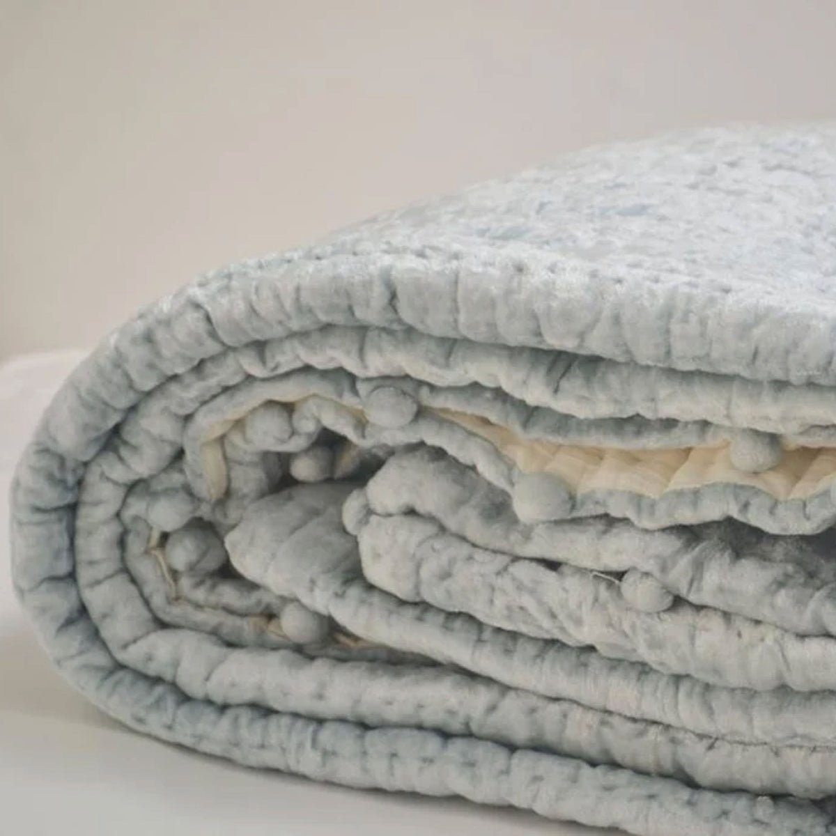 Icy Blue Velvet & Cotton Quilt: Hand-Quilted Luxury