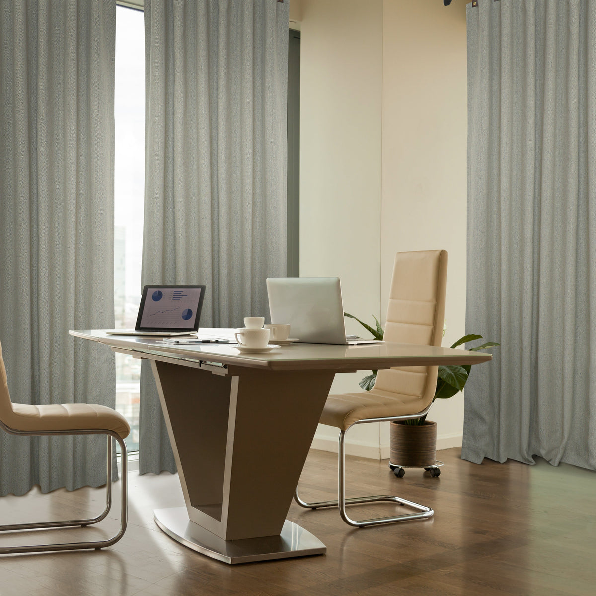 Light Grey Chevron Wool Curtains with Leather Tabs