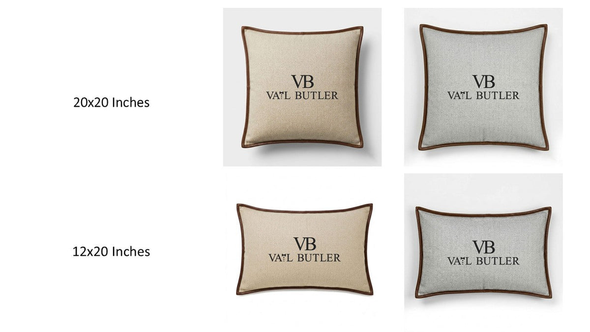 Custom Corporate Logo Herringbone Wool Pillow Cover with Brown Leather Trim - Set of 2