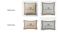 Custom Corporate Logo Herringbone Wool Pillow Cover with Brown Leather Trim - Set of 2