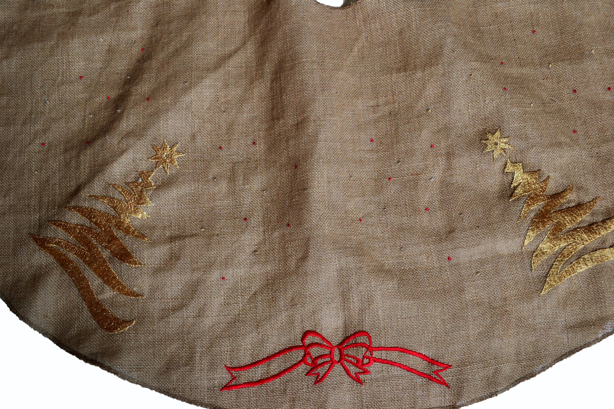 Christmas Tree Skirt In Natural Burlap With Christmas Tree And Ribbon Embroidered
