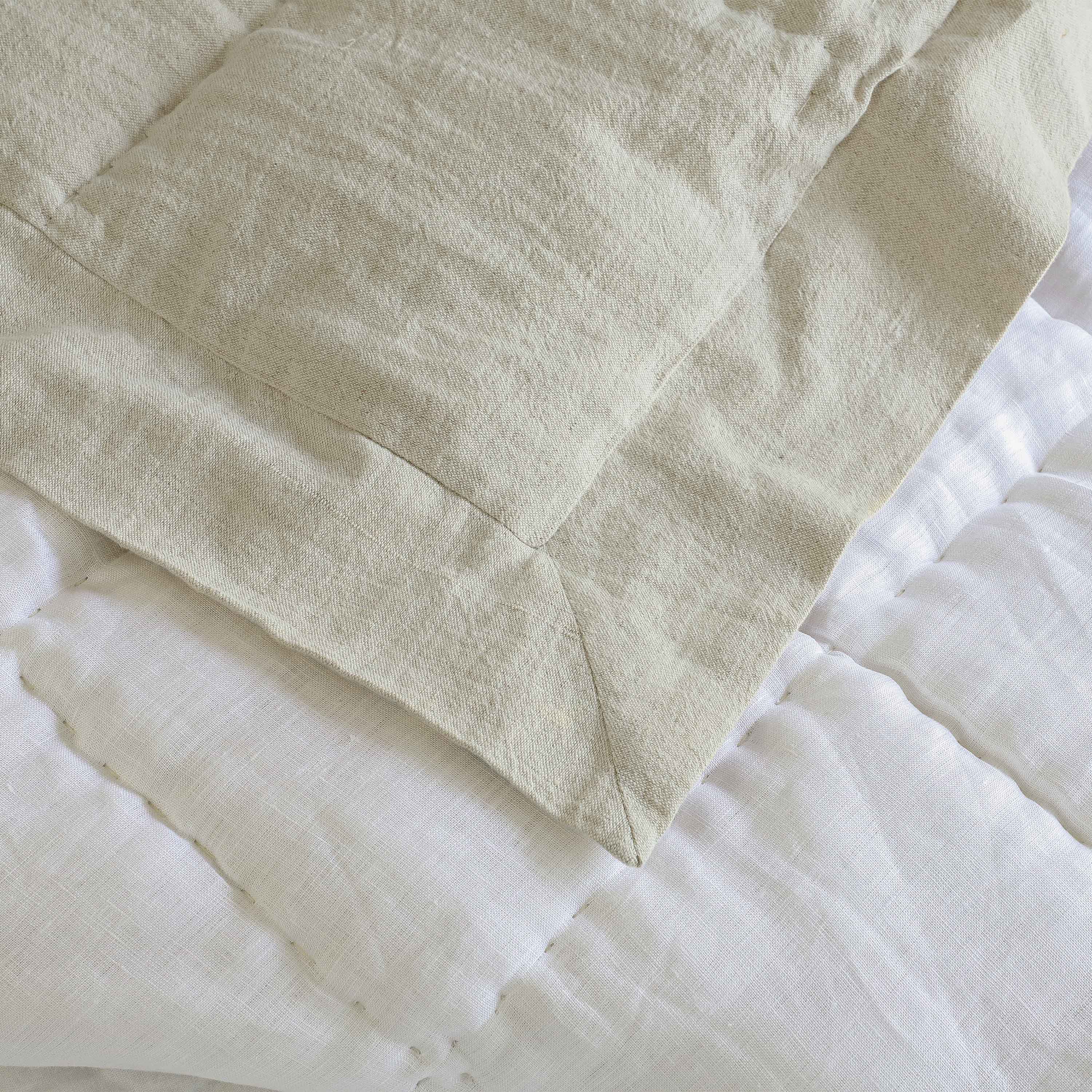 Handmade Linen Quilt - Hand Box-Quilted | 3-Inch Flange Edge | Natural / Oatmeal / Stone | Crib to Cal King | Summer & Layering Bedding