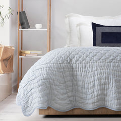 Custom Made Light Blue Scallop Linen Quilt  - All-Season Coverlet