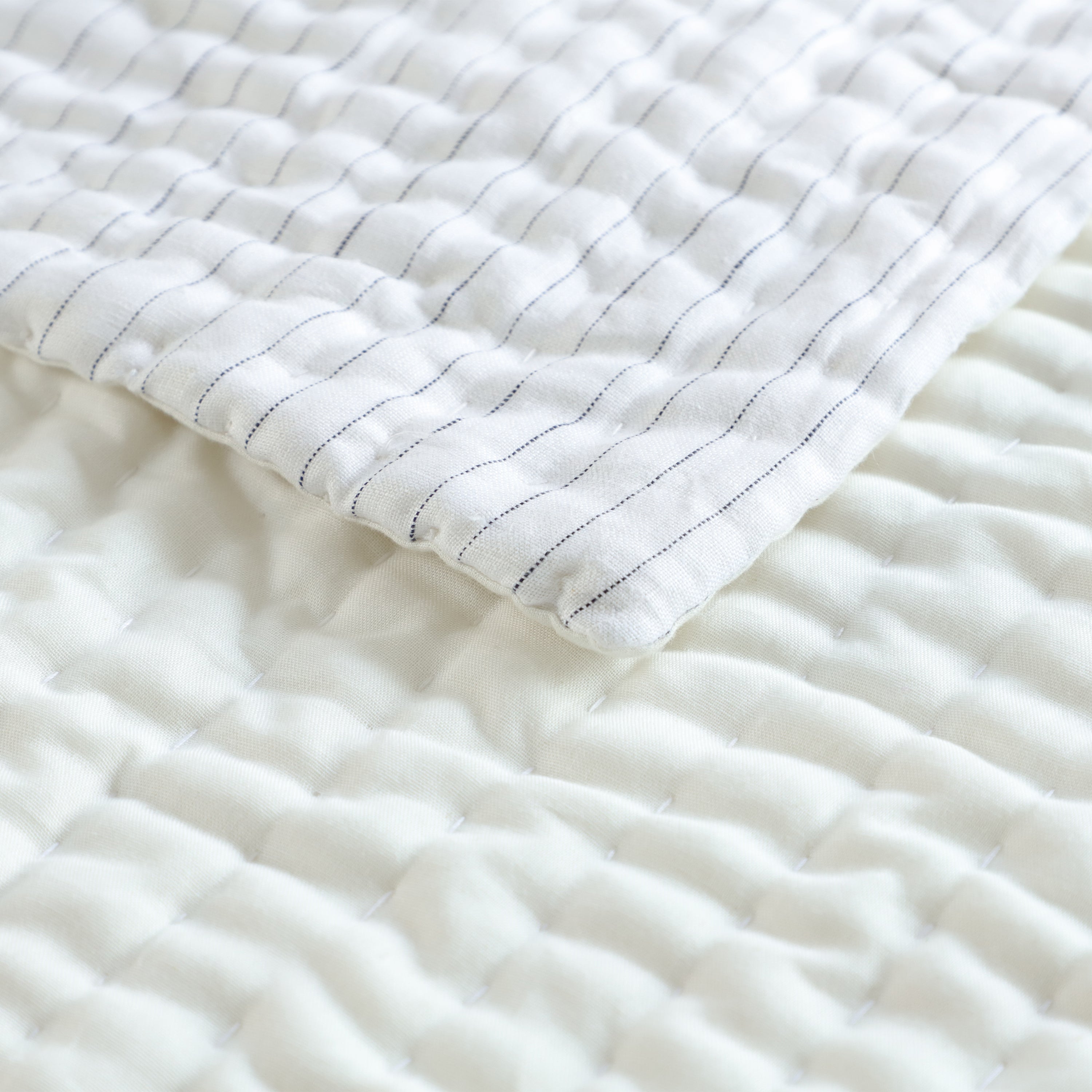 Grey Ivory Stripe Linen Quilt with Pick Stitching  All Season Coverlet