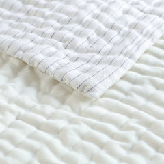 Grey Ivory Stripe Linen Quilt with Pick Stitching  All Season Coverlet