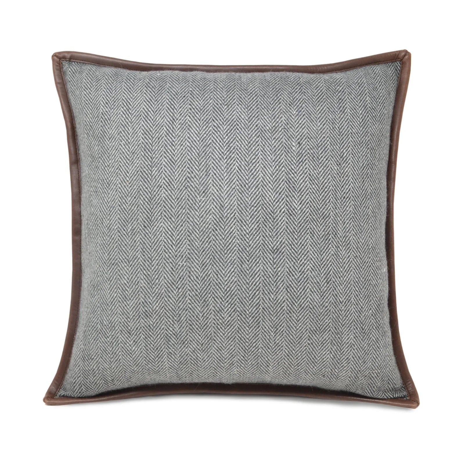 Gray Herringbone Wool Throw Pillow Cover with Leather Trim