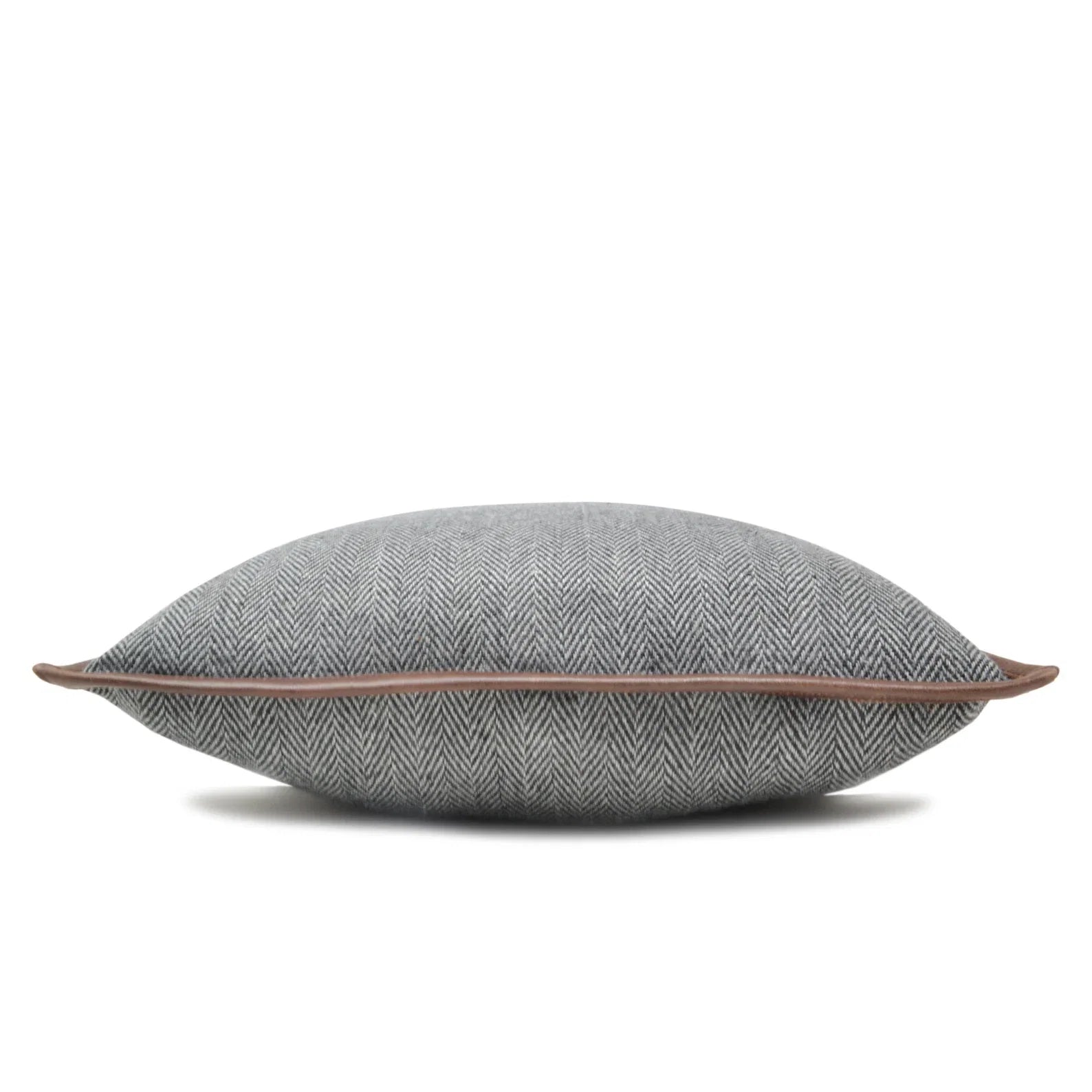 Gray Herringbone Wool Throw Pillow Cover with Leather Trim