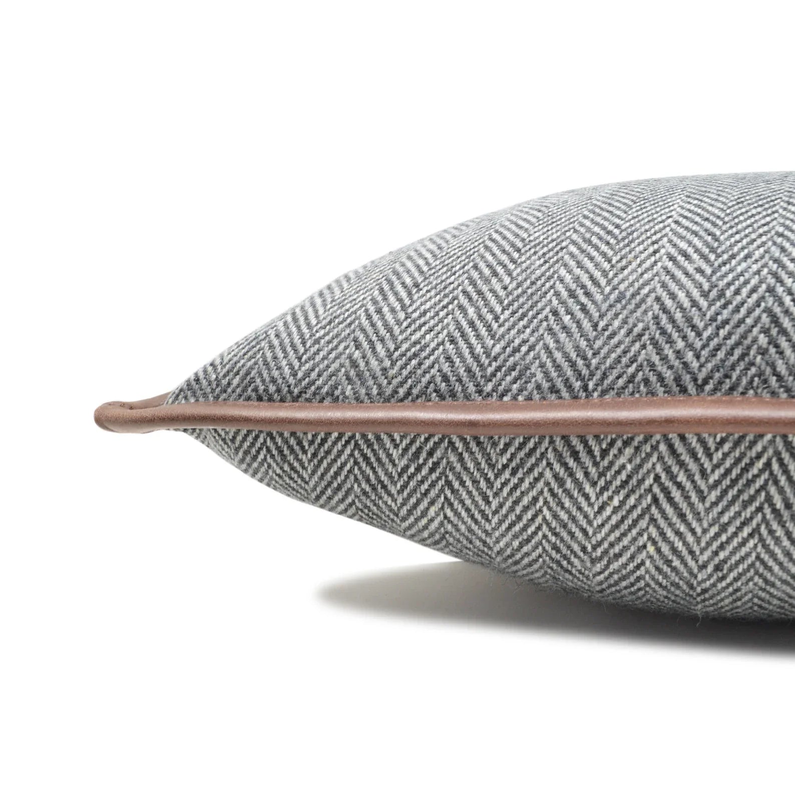 Gray Herringbone Wool Throw Pillow Cover with Leather Trim