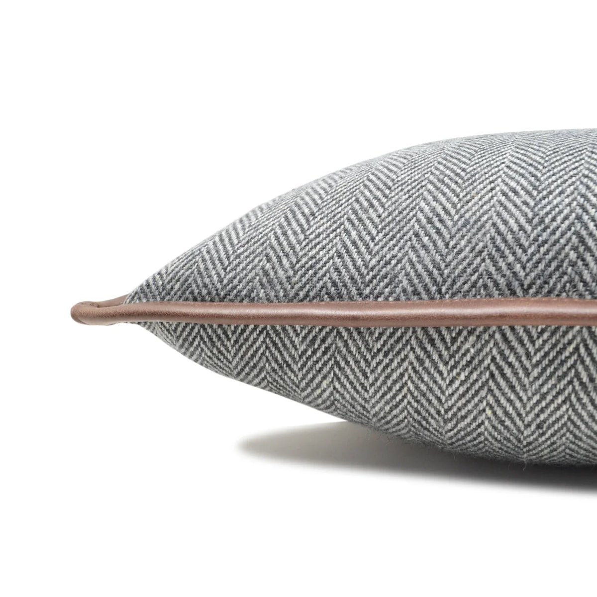 Gray Herringbone Wool Throw Pillow Cover with Leather Trim