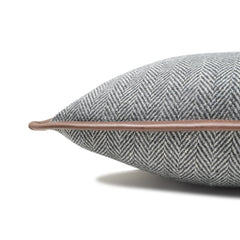 Gray Herringbone Wool Throw Pillow Cover with Leather Trim