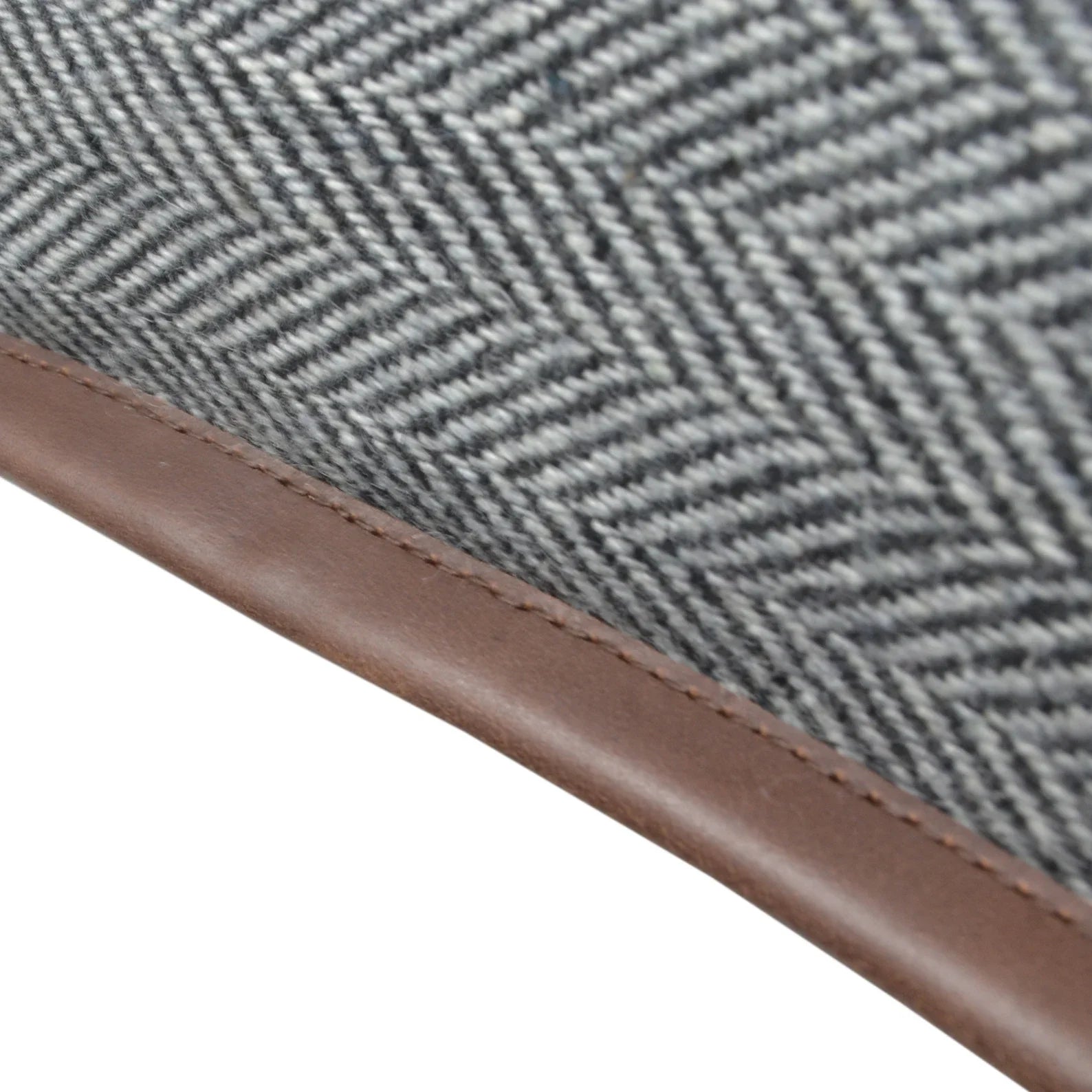 Gray Herringbone Wool Throw Pillow Cover with Leather Trim