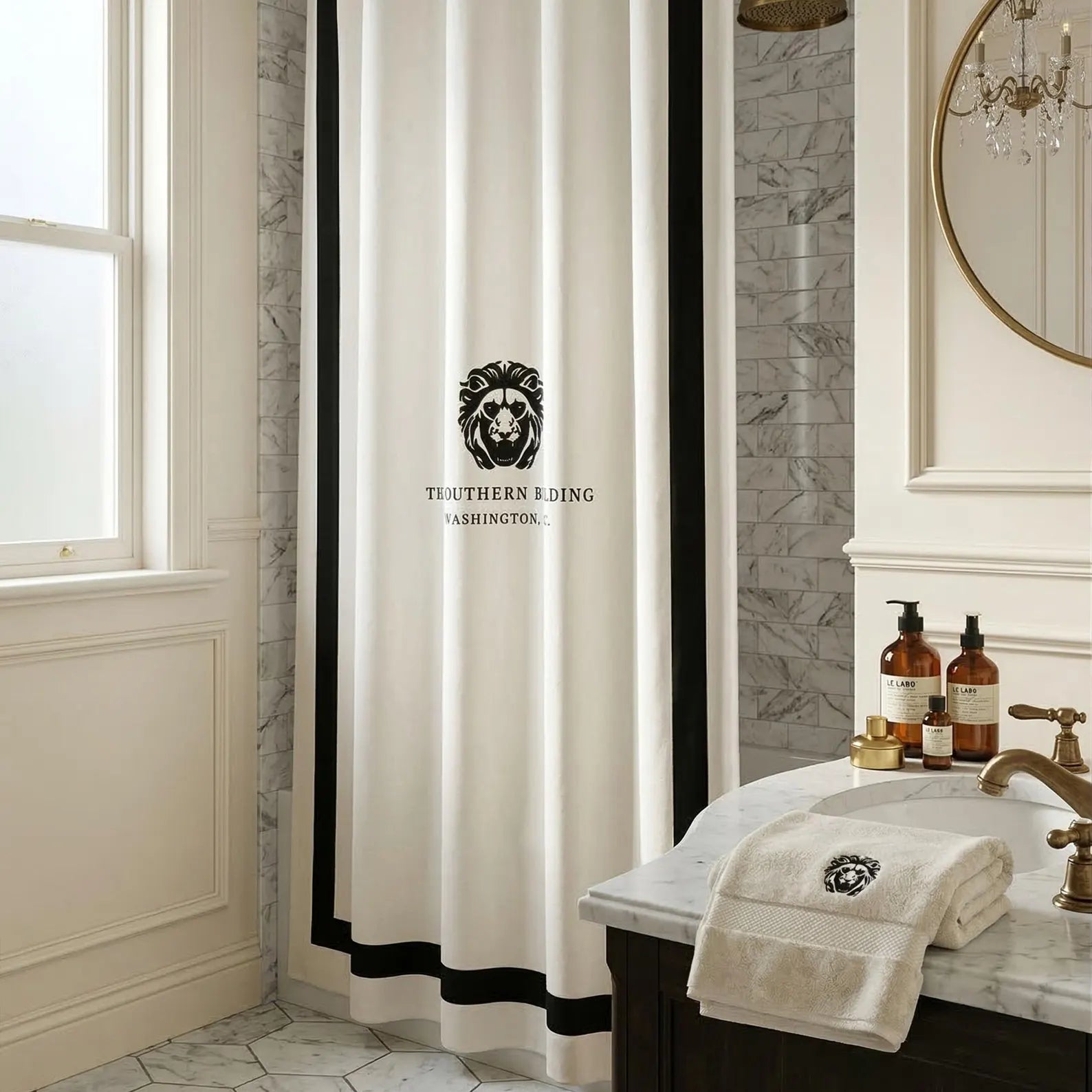 Custom Monogram Shower Curtain Ivory Black Trim | Luxury Bathroom Curtain for Homes, Hotels & Spas