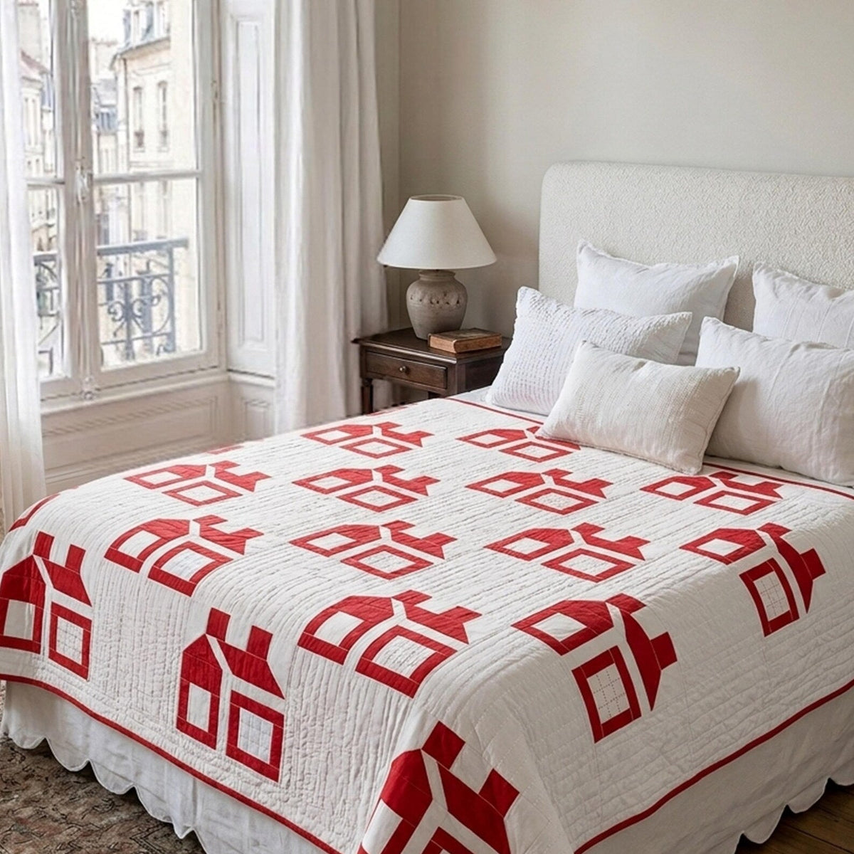 Handmade Red House Patchwork Quilt - Heirloom Cotton Bedspread, Kids Room Bedding