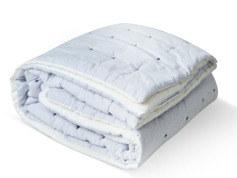 Handmade Blue & White Pin Stripe Cotton Quilt - Cross Quilting | Ivory Voile Reverse | Coastal & Classic Bedroom Bedding | Custom Sizes