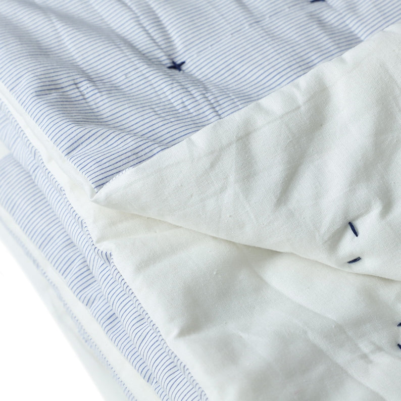 Handmade Blue & White Pin Stripe Cotton Quilt - Cross Quilting | Ivory Voile Reverse | Coastal & Classic Bedroom Bedding | Custom Sizes