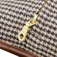 Brown Beige Houndstooth Pillow Cover with Leather Trim