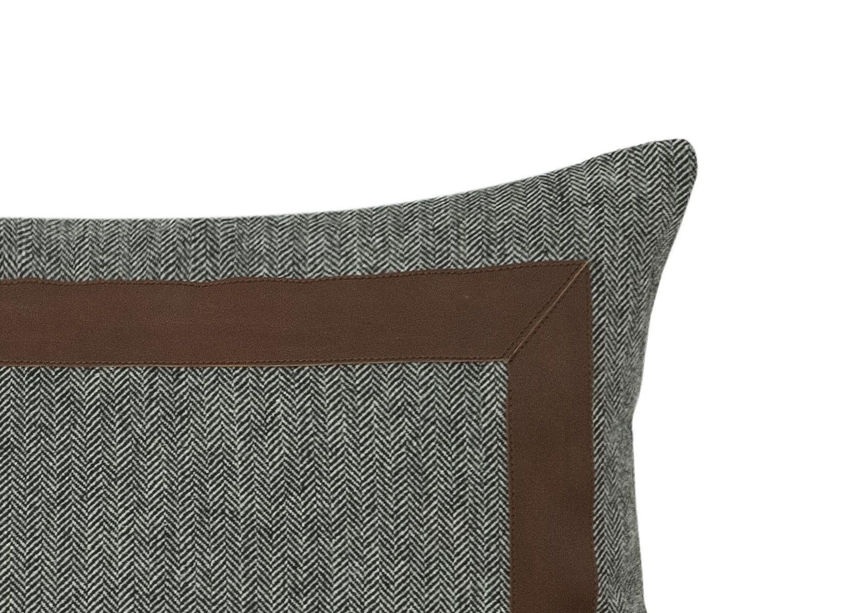 Grey Chevron Wool Throw Pillow Cover With Broad Leather Trim