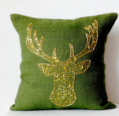Green Burlap Gold Antler Pillow Cover