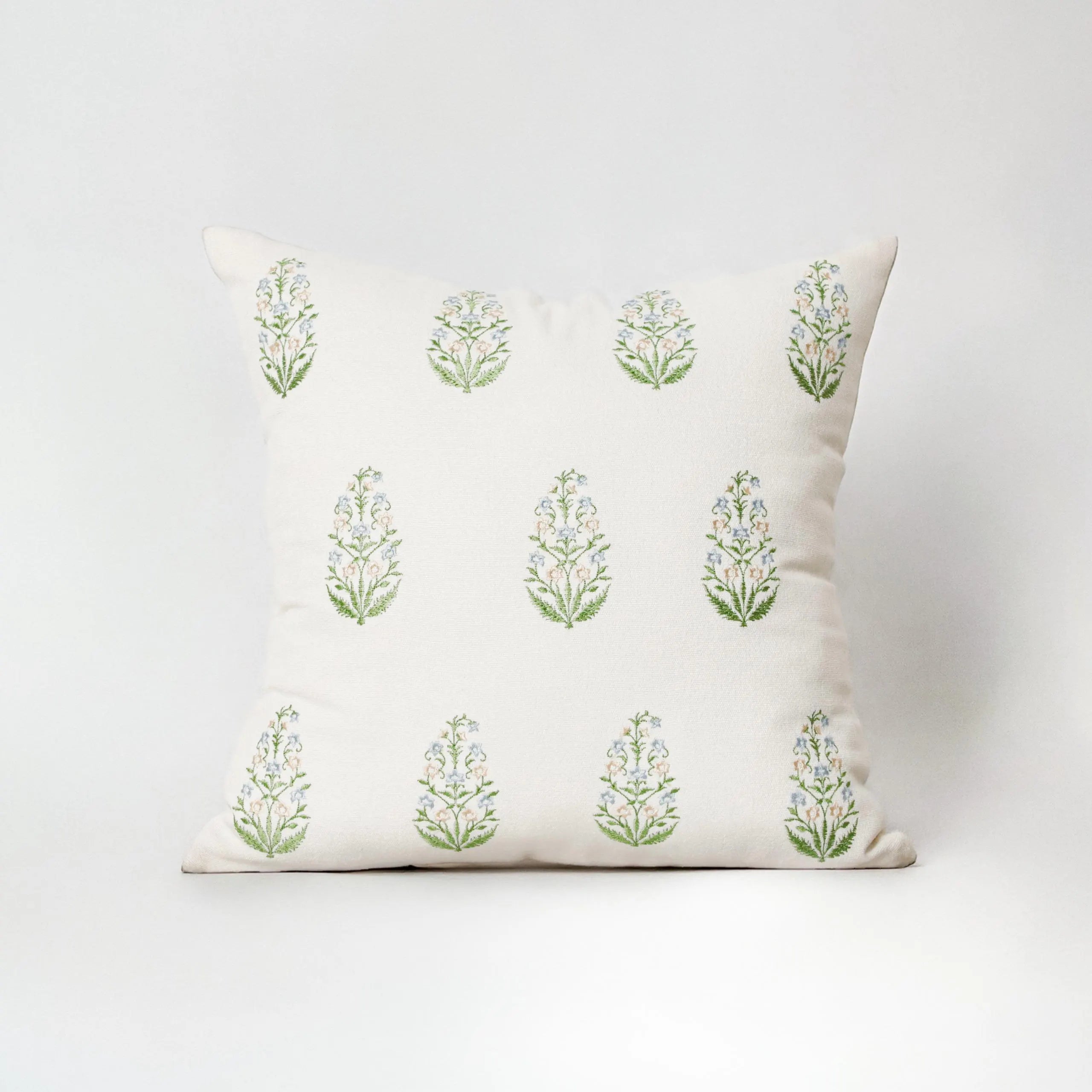 Embroidered Block Print Cotton Pillow Cover | Boho Farmhouse Decor