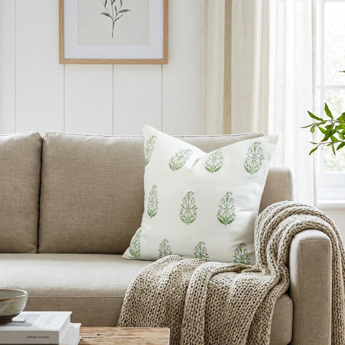 Embroidered Block Print Cotton Pillow Cover | Boho Farmhouse Decor
