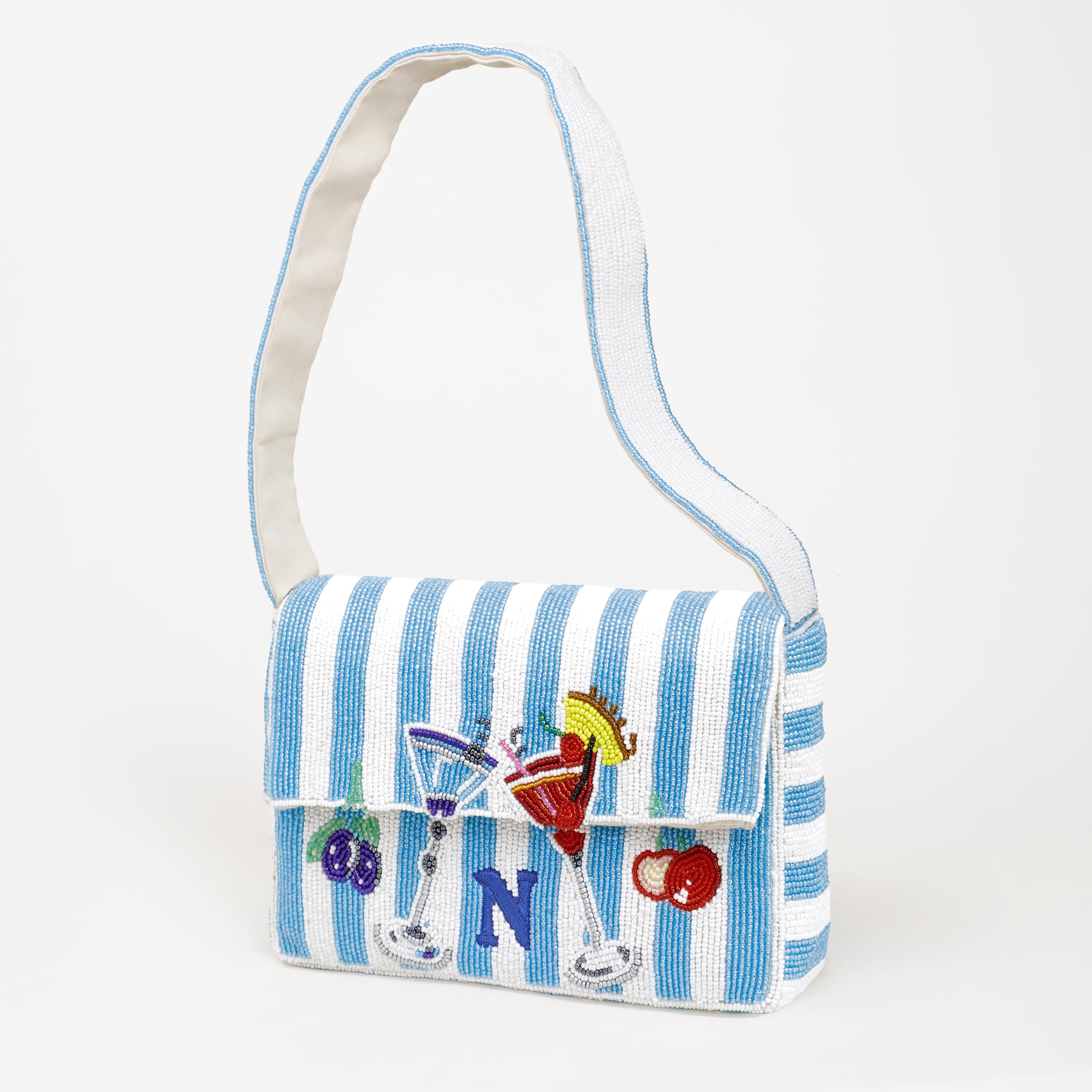 Hand Beaded Cocktail Mini Bag - Blue Stripe Summer Shoulder Purse