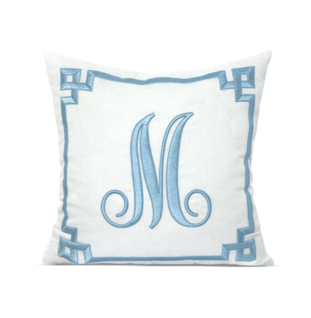 Hand Embroidered Greek Key Monogram Pillow Cover