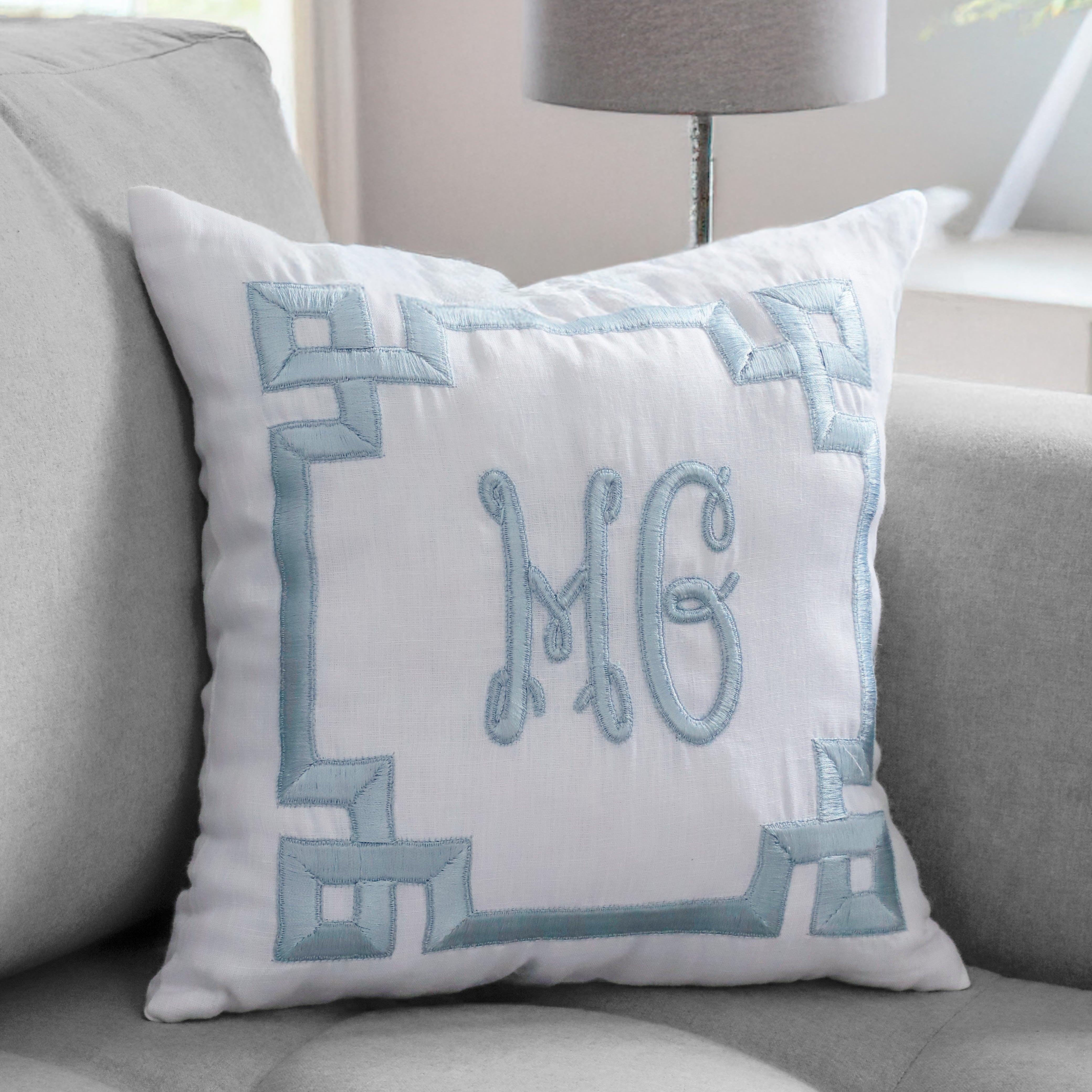 Hand Embroidered Greek Key Monogram Pillow Cover