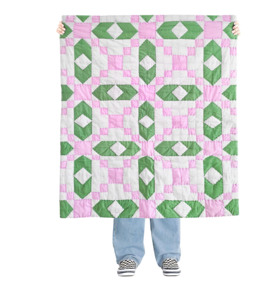 Handmade Green, Pink - White Geometric Cotton Quilt - Custom Size for Kids