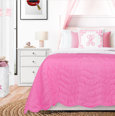Handmade Pink Wave Stitch Quilt: Scalloped Reversible Cotton Blanket