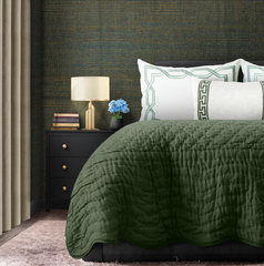 Handmade Olive Scallop Linen Quilt, Custom Bed Spread