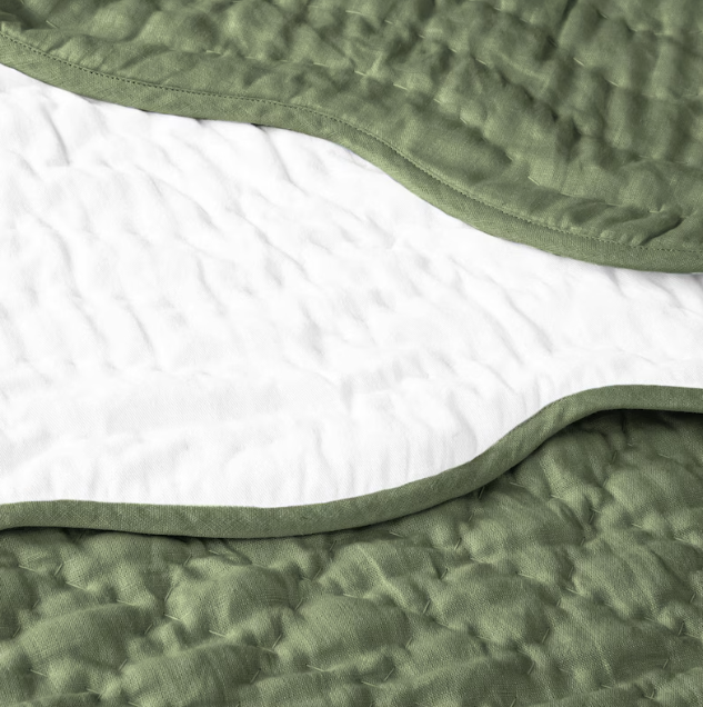 Handmade Olive Scallop Linen Quilt, Custom Bed Spread