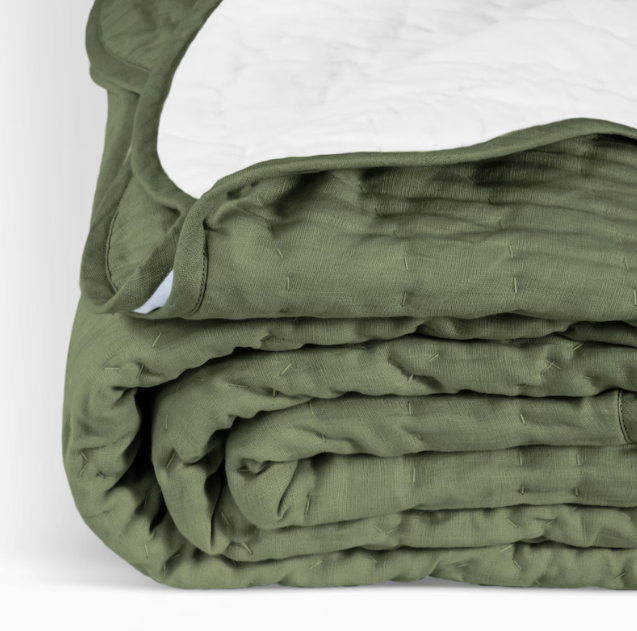 Handmade Olive Scallop Linen Quilt, Custom Bed Spread