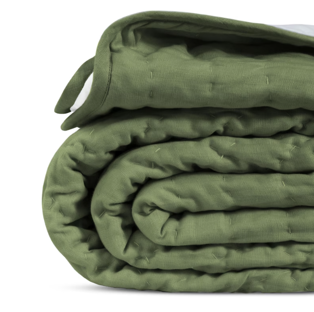 Handmade Olive Scallop Linen Quilt, Custom Bed Spread