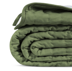 Handmade Olive Scallop Linen Quilt, Custom Bed Spread