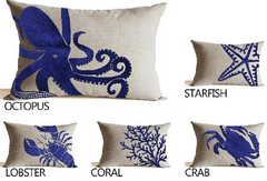 Decorative Linen Throw Pillow Cover With Hand Embroidered Octopus